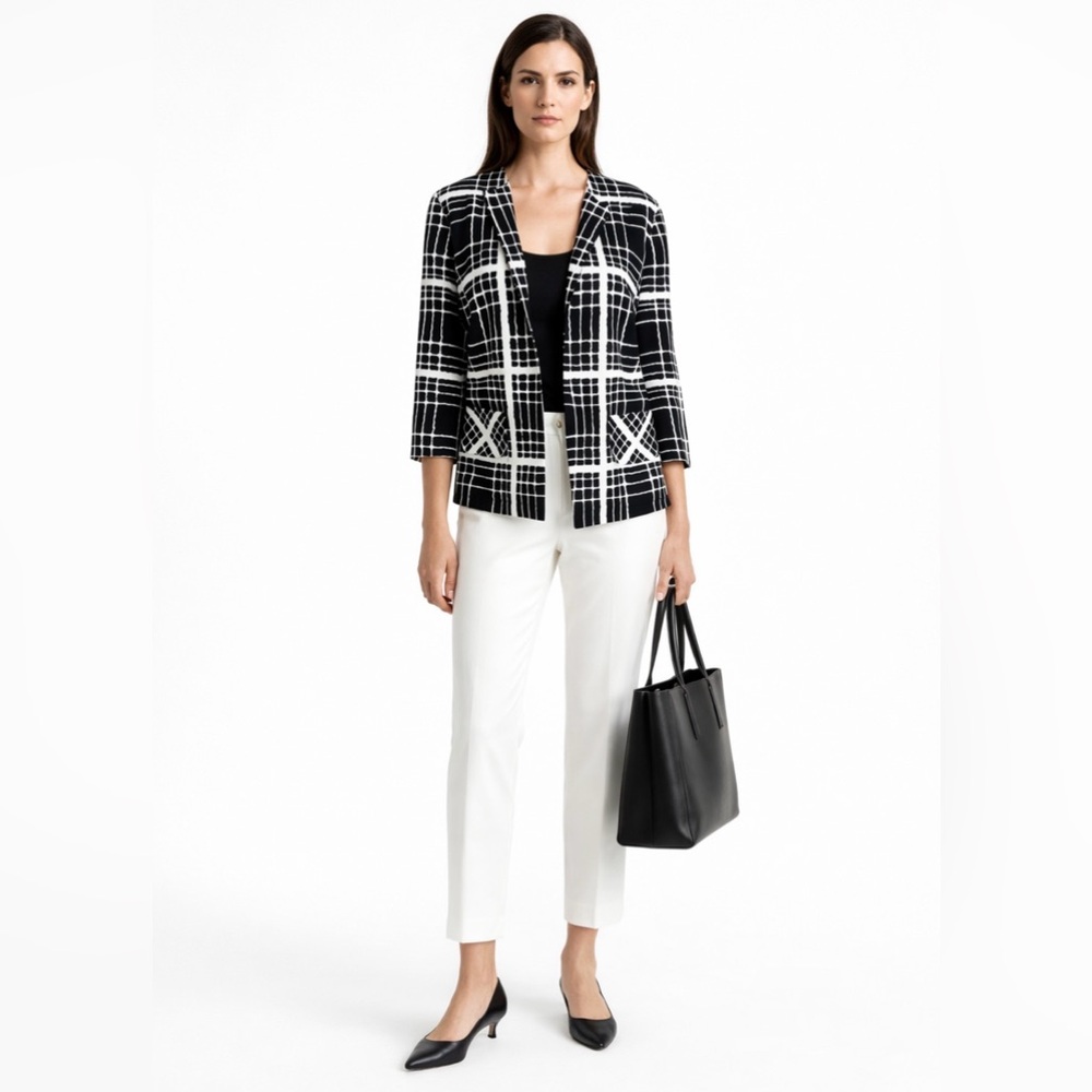 Pendleton Black White Graphic Silk Jacket Open Front 3/4 Sleeve Pockets Sz 10💛